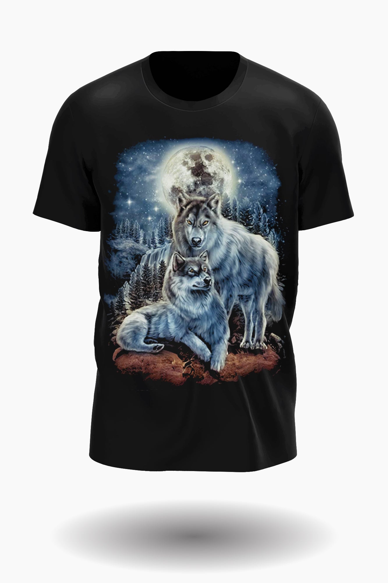 Wolfsrudel in der Nacht mit Mond und im Wald T-Shirt
